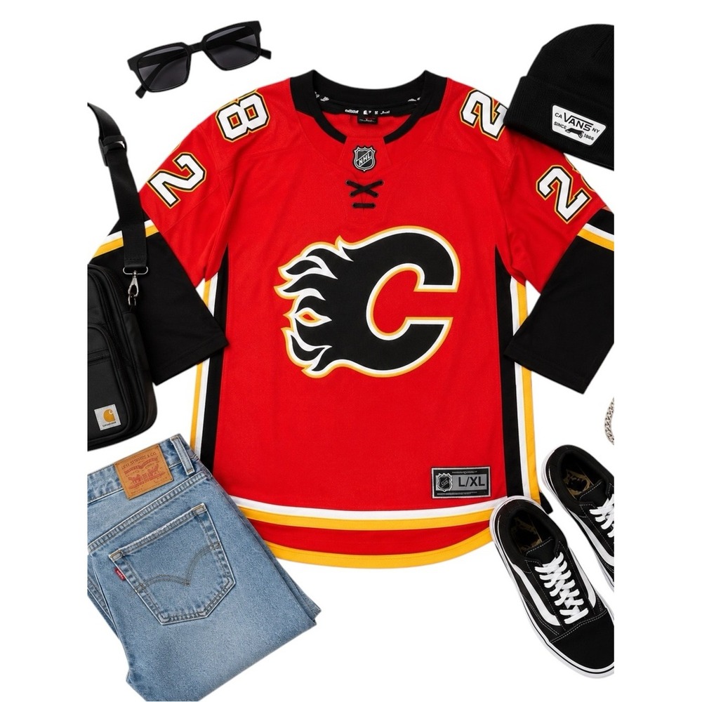 NHL Calgary Flames Lindholm #28 Hockey Jersey Red Black Gold L XL Fan Gear Shirt